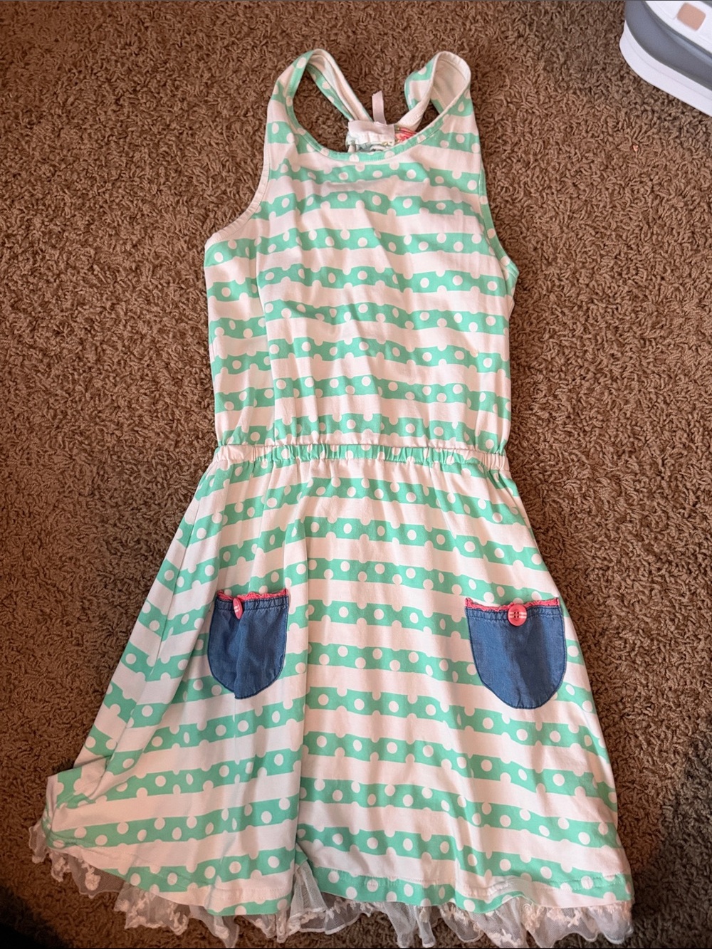 Matilda Jane Mint & White Striped Polka Dot Dress with Denim Pockets